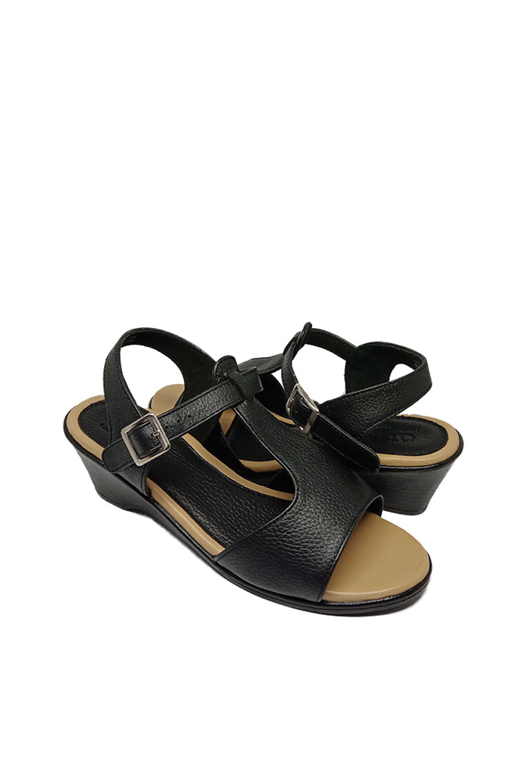 BUCKLED T-STRAP WEDGE SANDALS